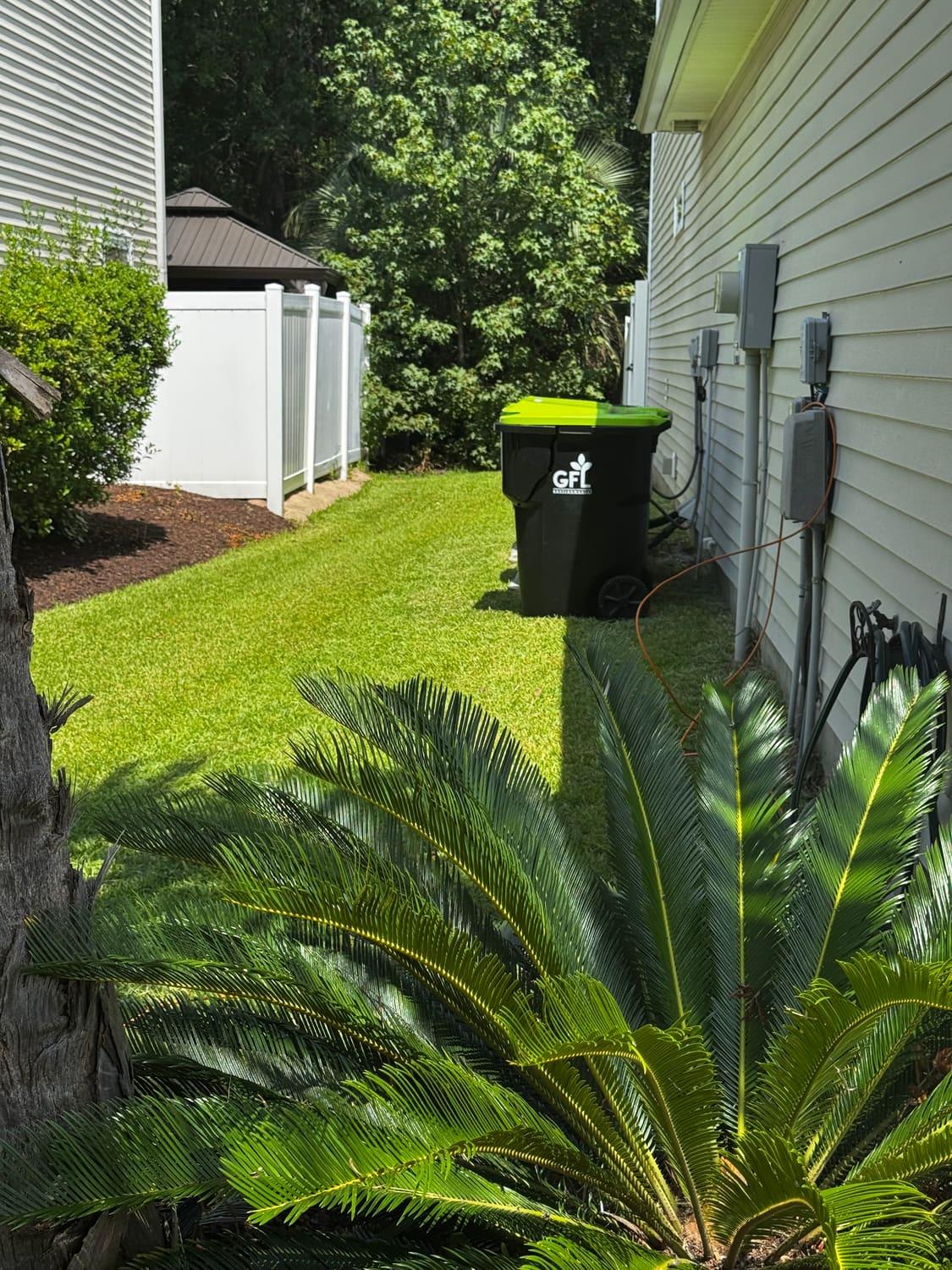Backyard lawn cut and edged along the fence line